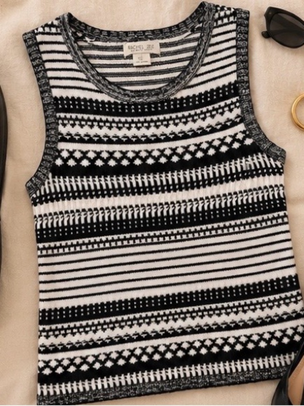 Rachel Zoe Black White Knit Sleeveless Sweater Top Size M
